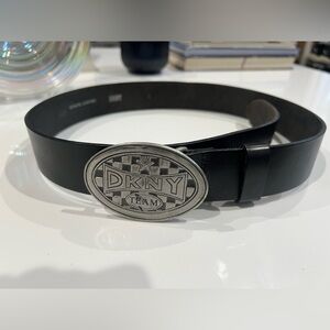 VINTAGE 90s DKNY Women’s Black Leather Belt w/ Silver Metal Logo Buckle Y2K Rare